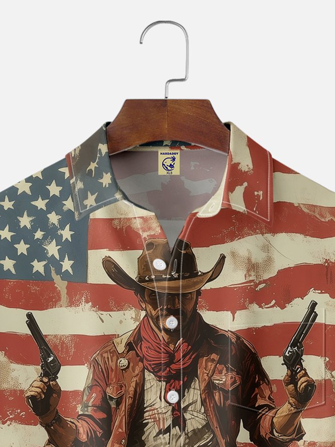 Big Size Moisture-wicking American Flag Western Cowboy Chest Pocket Casual Shirt
