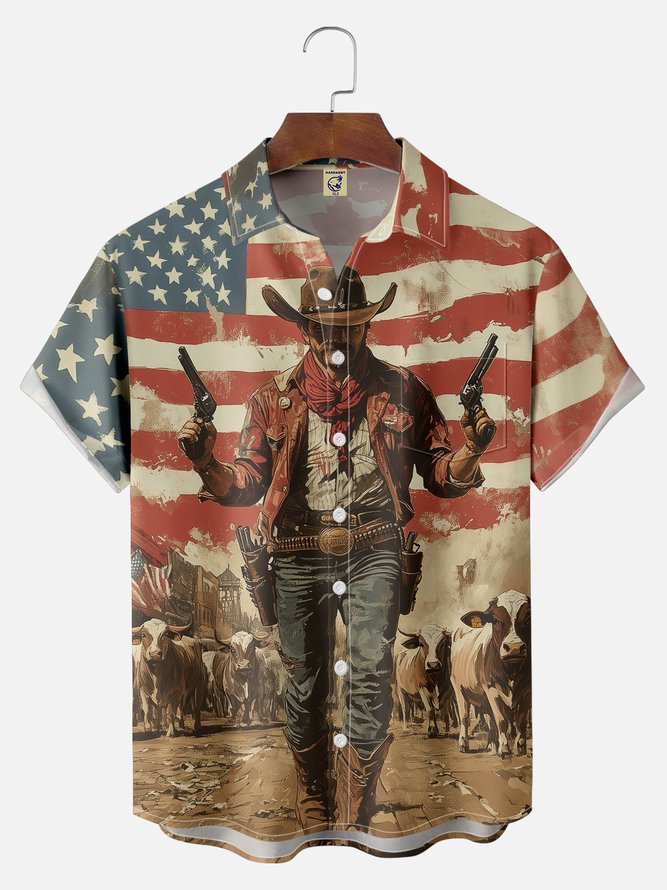 Big Size Moisture-wicking American Flag Western Cowboy Chest Pocket Casual Shirt
