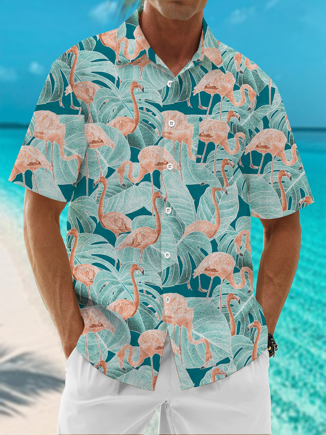 Moisture Wicking Tropical Flamingo Chest Pocket Hawaiian Shirt