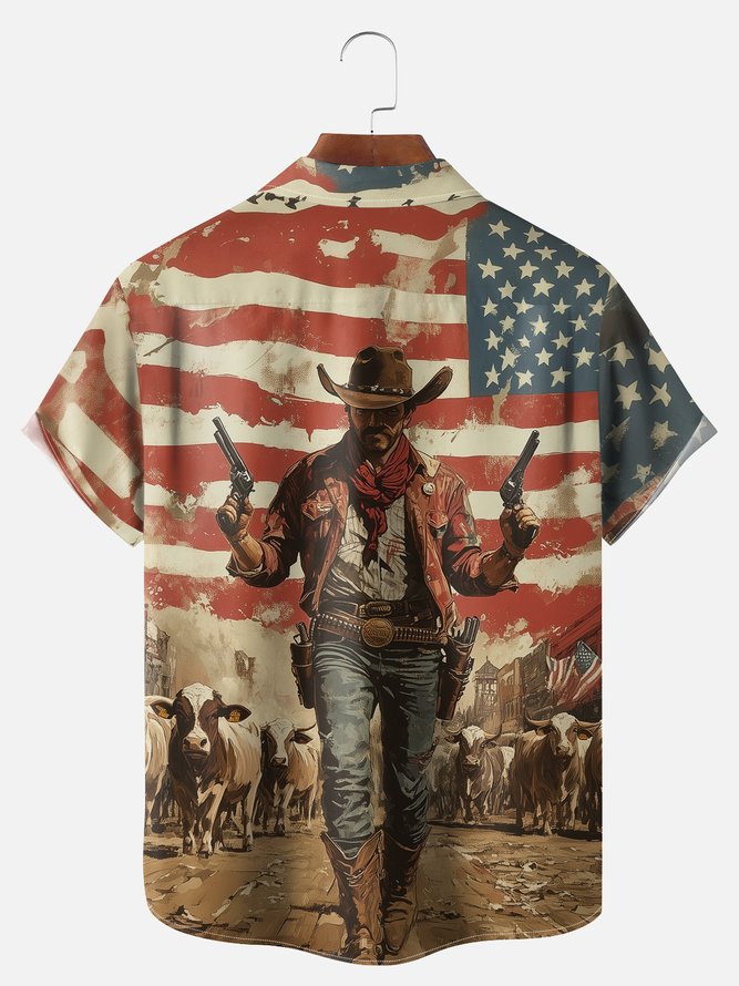Big Size Moisture-wicking American Flag Western Cowboy Chest Pocket Casual Shirt