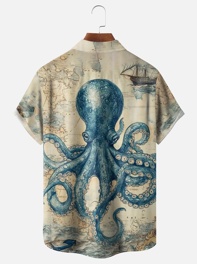 Moisture Wicking Vintage Ocean Octopus Chest Pocket Hawaiian Shirt