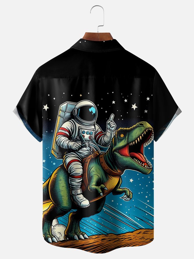 Moisture Wicking Astronaut Dinosaur Chest Pocket Hawaiian Shirt