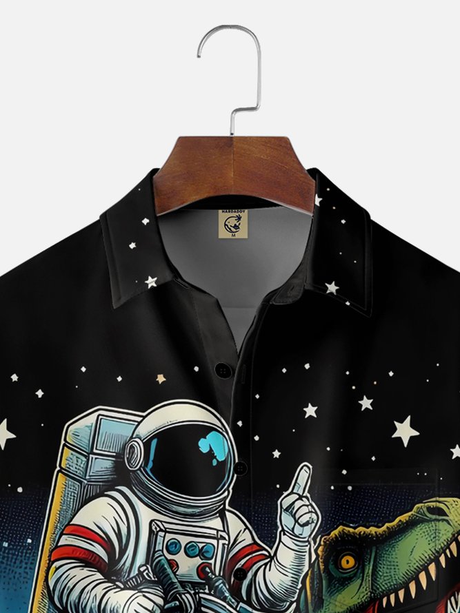 Moisture Wicking Astronaut Dinosaur Chest Pocket Hawaiian Shirt