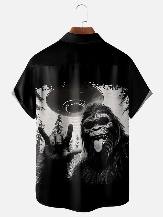 Moisture Wicking Alien Spaceship Bigfoot Chest Pocket Hawaiian Shirt
