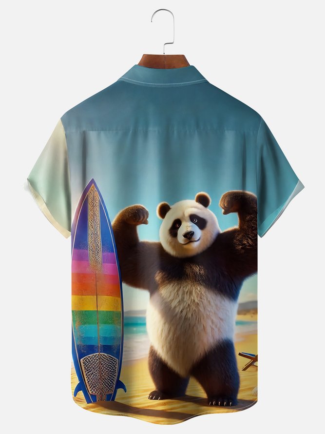 Moisture Wicking Hawaiian Surf Panda Chest Pocket Hawaiian Shirt