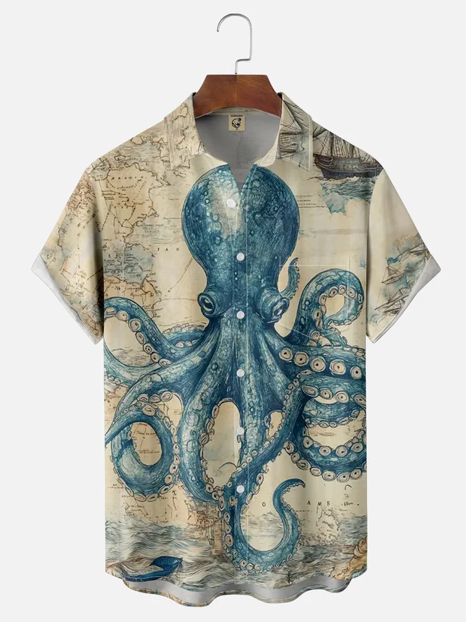 Moisture Wicking Vintage Ocean Octopus Chest Pocket Hawaiian Shirt