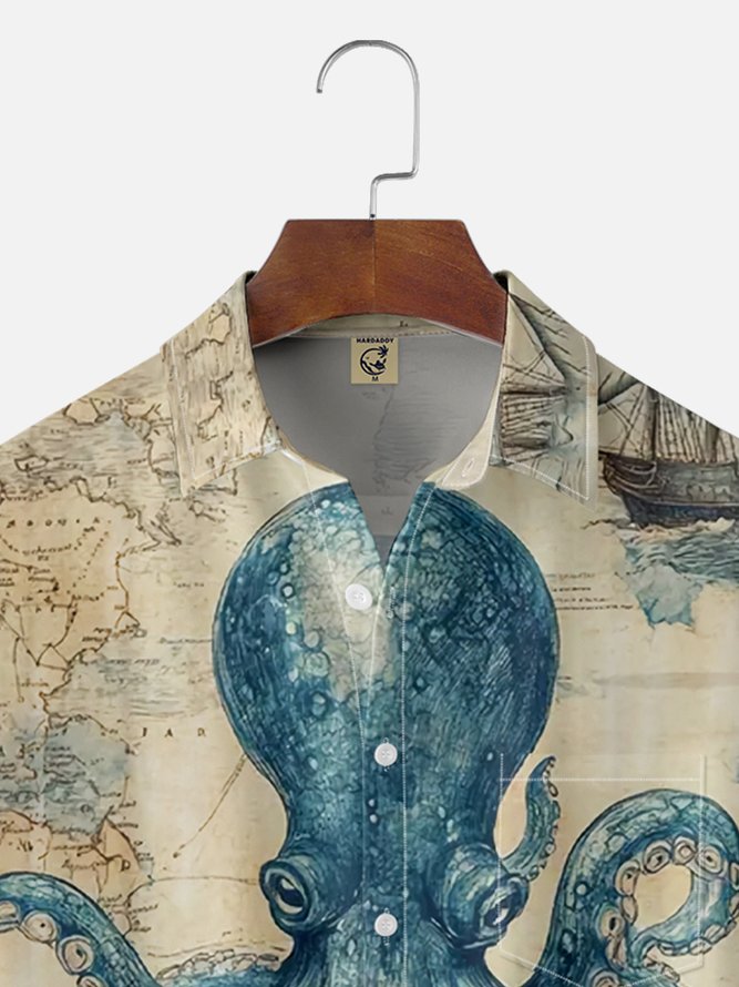 Moisture Wicking Vintage Ocean Octopus Chest Pocket Hawaiian Shirt
