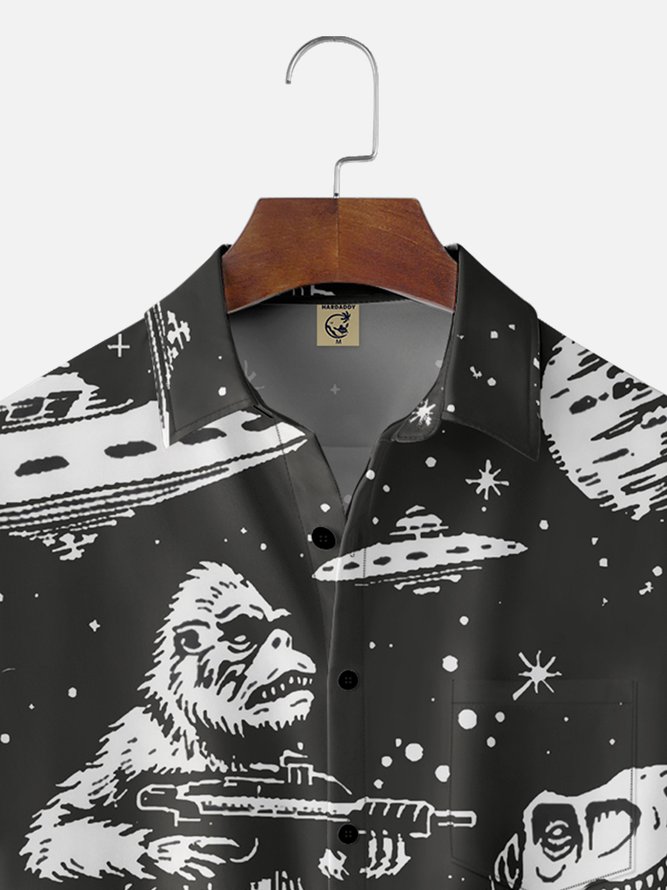 Moisture Wicking Universe UFO Dinosaur Bigfoot Chest Pocket Hawaii Shirt