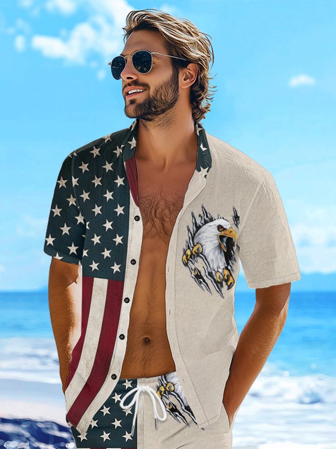 Hardaddy Moisture-wicking Memorial Day American Flag American Eagle Chest Pocket Casual Shirt