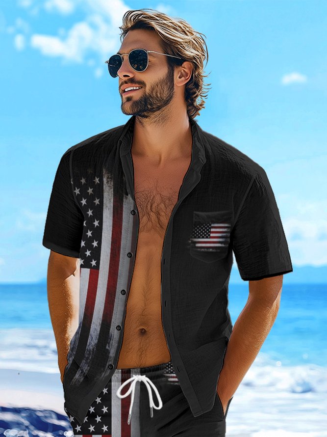 Hardaddy American Flag Chest Pocket Short Sleeve Casual Shirt