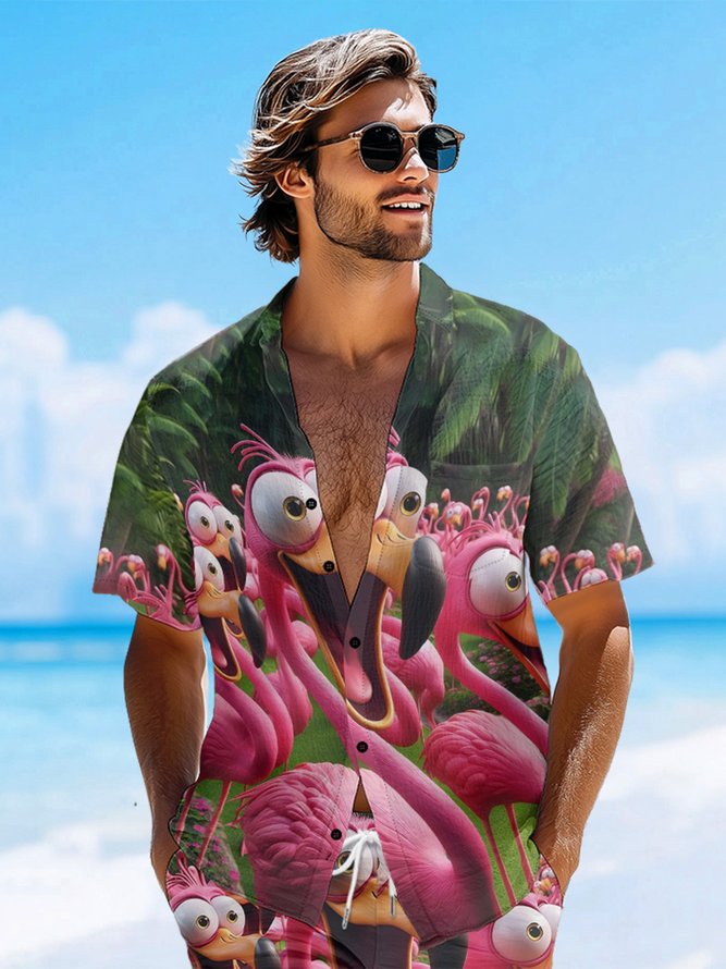 Moisture-wicking Flamingo Funny Shock Art Chest Pocket Hawaiian Shirt