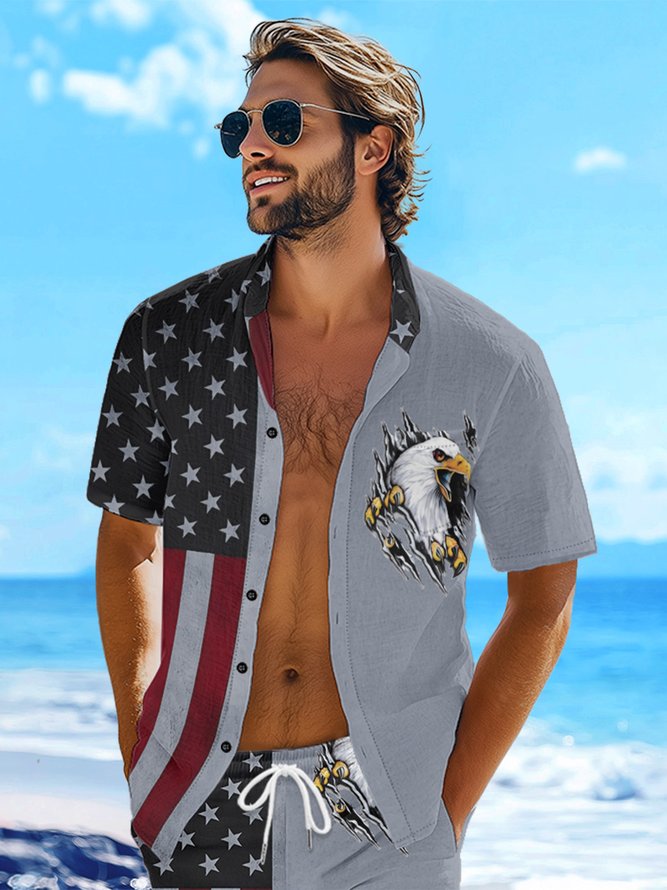 Hardaddy Moisture-wicking Memorial Day American Flag American Eagle Chest Pocket Casual Shirt