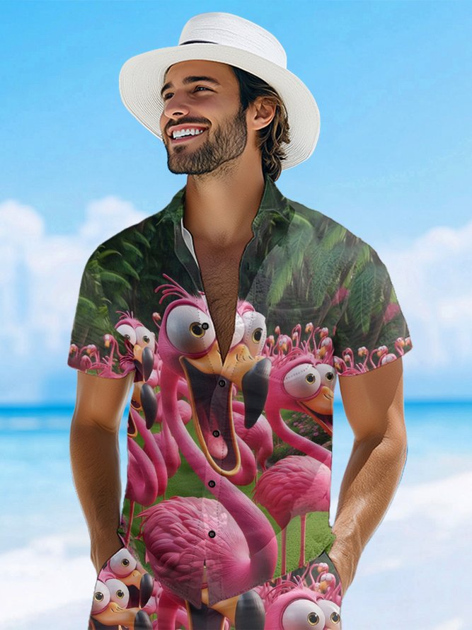 Moisture-wicking Flamingo Funny Shock Art Chest Pocket Hawaiian Shirt