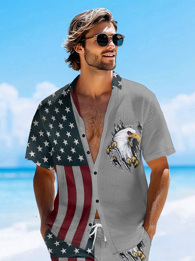 Hardaddy Moisture-wicking Memorial Day American Flag American Eagle Chest Pocket Casual Shirt