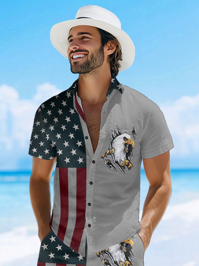 Hardaddy Moisture-wicking Memorial Day American Flag American Eagle Chest Pocket Casual Shirt