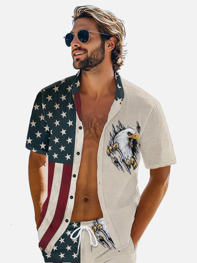 Hardaddy Moisture-wicking Memorial Day American Flag American Eagle Chest Pocket Casual Shirt