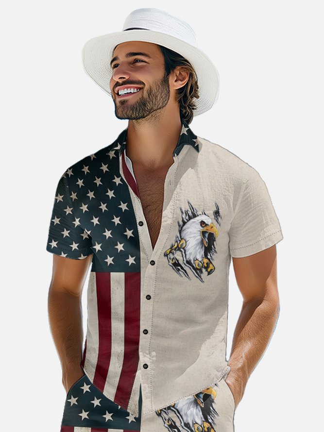 Hardaddy Moisture-wicking Memorial Day American Flag American Eagle Chest Pocket Casual Shirt