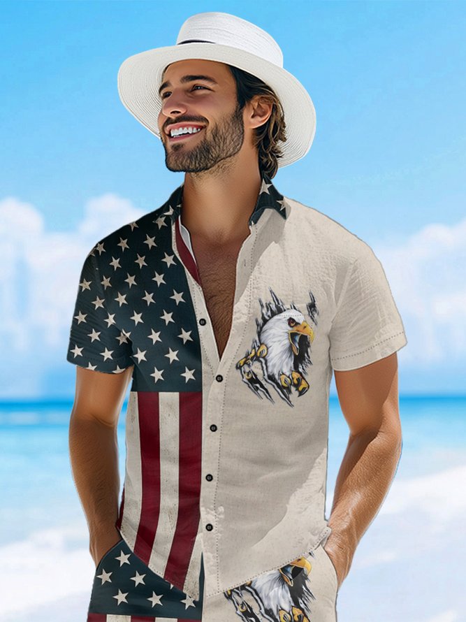 Hardaddy Moisture-wicking Memorial Day American Flag American Eagle Chest Pocket Casual Shirt