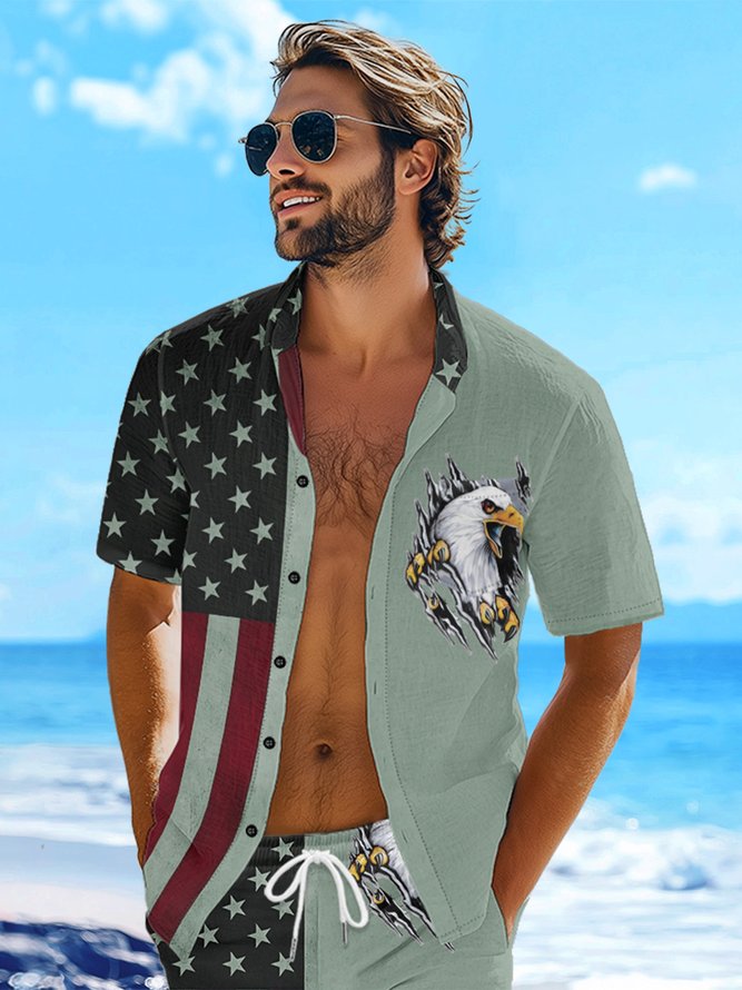 Hardaddy Moisture-wicking Memorial Day American Flag American Eagle Chest Pocket Casual Shirt