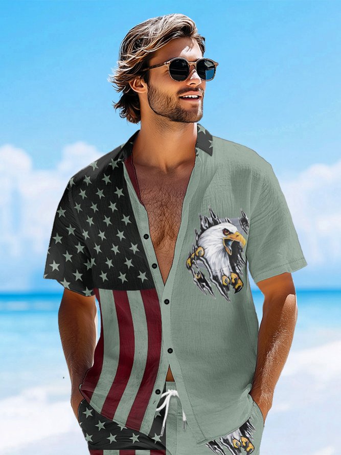 Hardaddy Moisture-wicking Memorial Day American Flag American Eagle Chest Pocket Casual Shirt