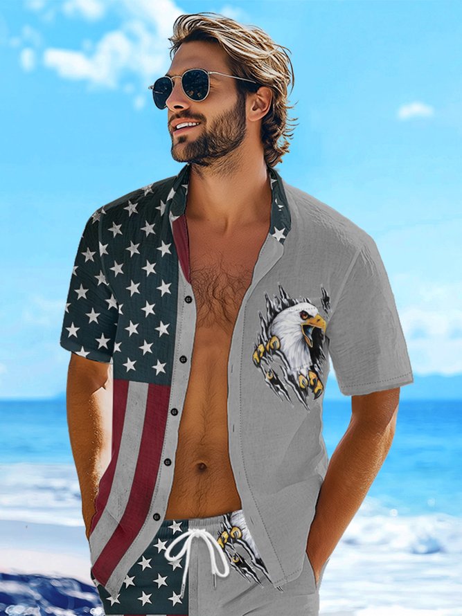 Hardaddy Moisture-wicking Memorial Day American Flag American Eagle Chest Pocket Casual Shirt