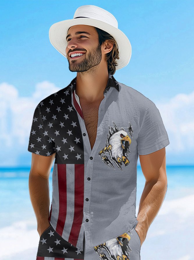 Hardaddy Moisture-wicking Memorial Day American Flag American Eagle Chest Pocket Casual Shirt