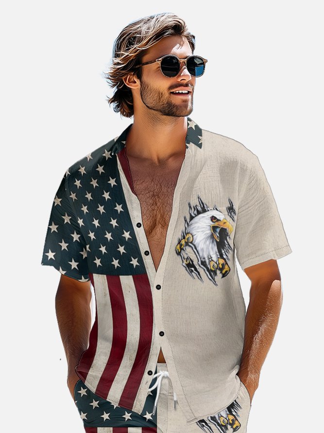 Hardaddy Moisture-wicking Memorial Day American Flag American Eagle Chest Pocket Casual Shirt