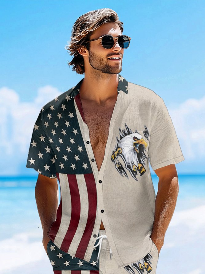 Hardaddy Moisture-wicking Memorial Day American Flag American Eagle Chest Pocket Casual Shirt