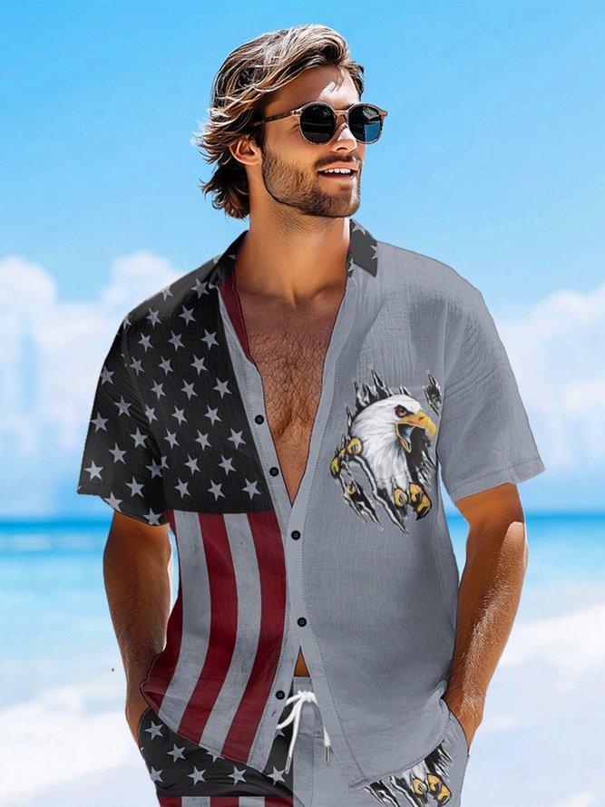 Hardaddy Moisture-wicking Memorial Day American Flag American Eagle Chest Pocket Casual Shirt