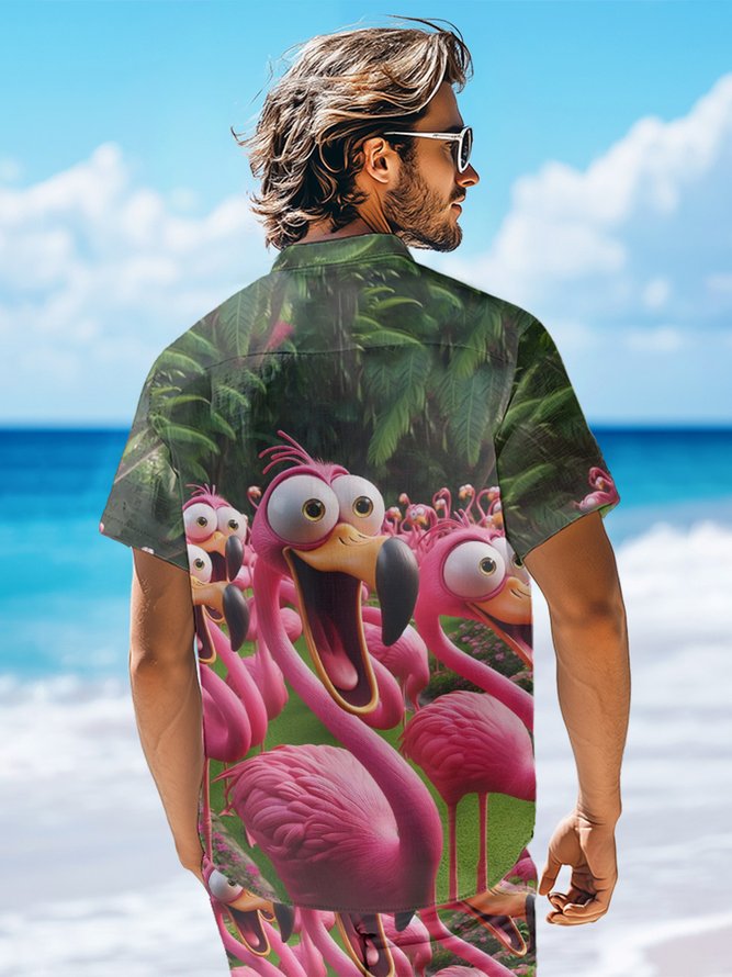 Moisture-wicking Flamingo Funny Shock Art Chest Pocket Hawaiian Shirt