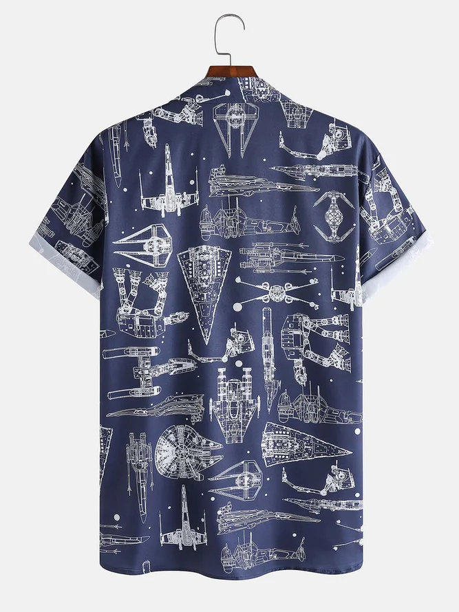 Hardaddy Mens Aerospace Machine Print Casual Breathable Short Sleeve Hawaiian Shirt